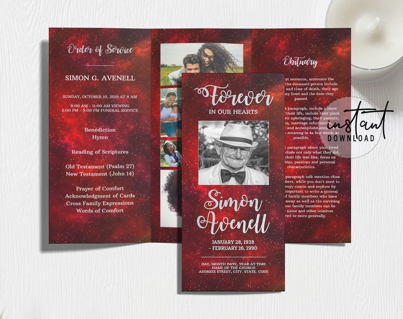 Trifold Funeral Program Template Trifold Brochure Red Etsy