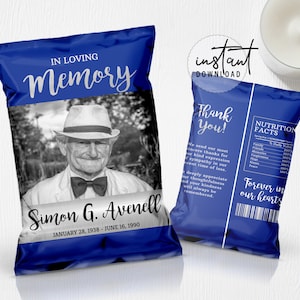 Funeral Chip Bag Label, Memorial Chip Bag, Blue and Silver Funeral Theme, Memorial Programs, Obituary Chip Bag, instant download