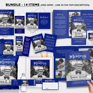 Funeral Bundle Set, Funeral Program Template, Blue and Silver Funeral Theme, Memorial Programs, Obituary Program, instant download