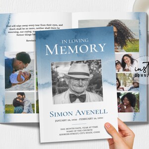 May include: A blue watercolor background with a photo of a man in a hat and a bow tie. The text "In Loving Memory" is at the top of the page. The text "Simon Avenell" is below the photo. The dates "January 28, 1938 - February 16, 1990" are below the name. The text "Day, Month Date, Year at Time" is below the dates. The text "Name of the Church" is below that. The text "Address Street, City State, Code" is at the bottom of the page.