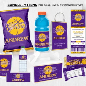 May include: A basketball-themed birthday party printable bundle with nine items. The bundle includes a chip bag, water bottle, favor bag, ticket, treat bag, juice box, favor tag, and a box. The items are purple and yellow with a basketball graphic and the text "Happy 9th Birthday Andrew".
