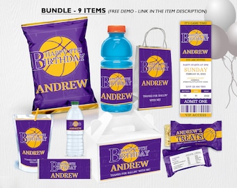 Basketball Birthday Bundle Set, Purple and Gold Birthday Theme, Basketball Birthday Theme, instant download