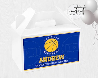 Basketball Gable Box Label, Gable Box Party Favor, Blue and Yellow Birthday Theme, Basketball Birthday Theme, instant download