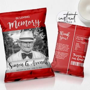 Funeral Chip Bag Label, Memorial Chip Bag, Red and Silver Funeral Theme, Memorial Programs, Obituary Chip Bag, instant download