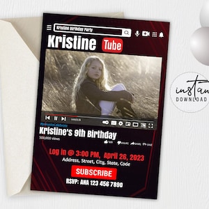YouTube Invitation, YouTube Dark Birthday Invite, YouTube Dark Birthday Theme, Editable Birthday Invitation Template, instant download
