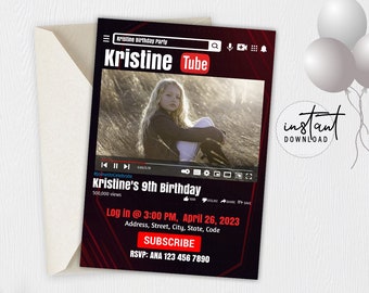 YouTube Invitation, YouTube Dark Birthday Invite, YouTube Dark Birthday Theme, Editable Birthday Invitation Template, instant download