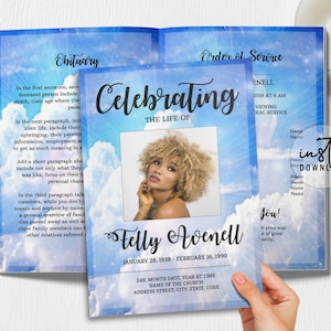 4 Page Funeral Program Template, Editable Funeral Program, Funeral Clouds Theme, Obituary Program, Memorial Programs, instant download