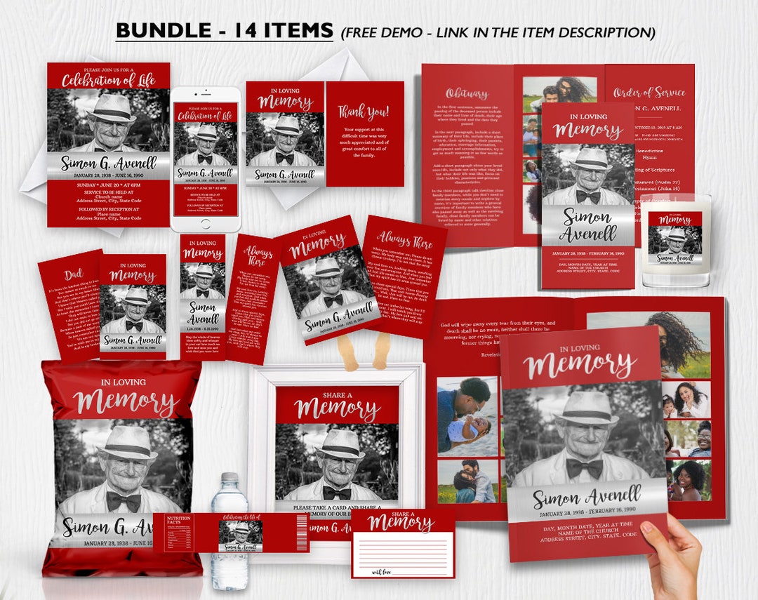 Funeral Bundle Set, Funeral Program Template, Red and Silver Funeral