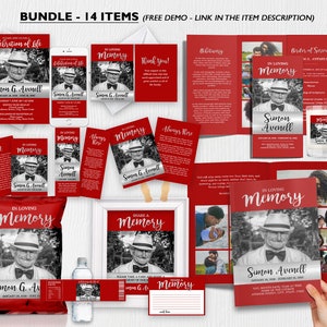 Puede incluir: Un conjunto de 14 plantillas de funeral imprimibles en rojo y blanco con una foto en blanco y negro de un hombre. Las plantillas incluyen una tarjeta de celebración de la vida, un orden de servicio, un obituario, una tarjeta de memoria, una tarjeta de agradecimiento y una tarjeta para compartir un recuerdo. El texto en las tarjetas dice "En memoria cariñosa de Simon G. Avenell".