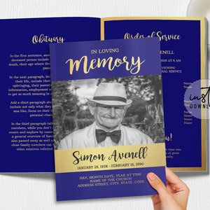 Modelo de programa funerário de 4 páginas, programa funerário editável, azul e dourado, programa de obituário, programas memoriais, download instantâneo