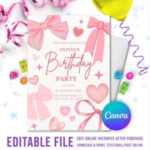 May include: Pink birthday party invitation with a watercolor design featuring bows, hearts, and stars. The text reads "You are invited to Olivia's Birthday Party at 2PM, 20 January, 2024, 123 Anywhere St., Any City, ST 12345".
