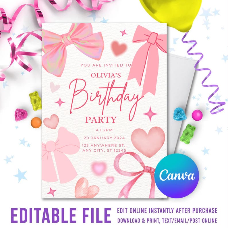 May include: Pink birthday party invitation with a watercolor design featuring bows, hearts, and stars. The text reads "You are invited to Olivia's Birthday Party at 2PM, 20 January, 2024, 123 Anywhere St., Any City, ST 12345".