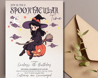 Halloween Witch Birthday Invitation, Spooktacular Time Invitation, Halloween Party Invite, Birthday Invitation, Witch Birthday Invitation,