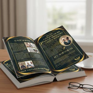 Puede incluir: Un libro abierto con detalles en verde oscuro y dorado, que muestra texto e imágenes. Las páginas muestran las palabras "Testimonios" y "Logros Clave". Una taza de café y gafas son visibles. El libro celebra un aniversario pastoral.