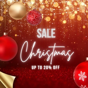 K&ouml;nnte beinhalten: Rote und goldene Weihnachtskugeln vor einem funkelnden roten Hintergrund. Der Text "SALE Christmas UP TO 20% OFF" ist in Wei&szlig; dargestellt.