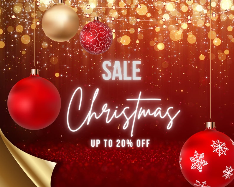 K&ouml;nnte beinhalten: Rote und goldene Weihnachtskugeln vor einem funkelnden roten Hintergrund. Der Text "SALE Christmas UP TO 20% OFF" ist in Wei&szlig; dargestellt.