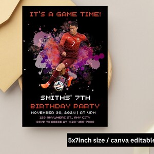 May include: A black and red birthday party invitation with a soccer player in a red jersey and black shorts. The invitation says "It's a Game Time!" and "Smith's 7th Birthday Party". The invitation also includes the date, time, address, and RSVP information.