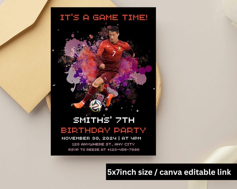 May include: A black and red birthday party invitation with a soccer player in a red jersey and black shorts. The invitation says "It's a Game Time!" and "Smith's 7th Birthday Party". The invitation also includes the date, time, address, and RSVP information.