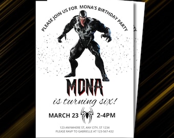 Invitación de cumpleaños de Venom: Fiesta de los Vengadores, Tarjeta de superhéroes (Plantilla imprimible)