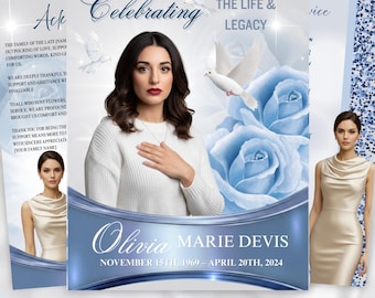 Grau-blaue Beerdigung Programm Vorlage, elegantes Obituary Design, anpassbarer digitaler Download für Trauerfeier