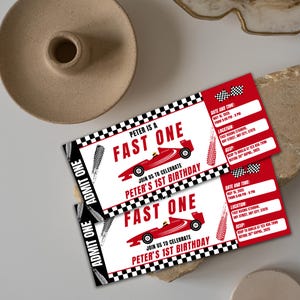 Racing 1st Geburtstagsticket, rotes Rennauto-Kid einladen Vorlage, Fast One Theme, digital bearbeitbare druckbare, Instant Download