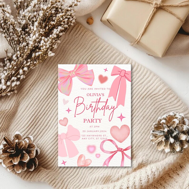 May include: Pink birthday party invitation with a white background and pink bows, hearts, and stars. The text reads "You are invited to Olivia's Birthday Party at 2PM 20 January, 2024 123 Anywhere St., Any City, ST 12345"