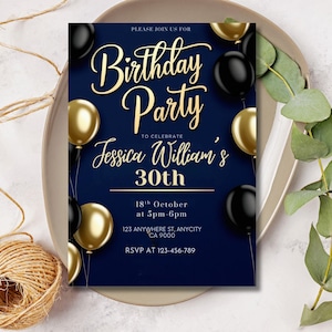 Custom Blue and Gold Birthday Invitation for Men, Printable Navy Blue Birthday Party Invitation, Classy Balloons Invite Template Digital