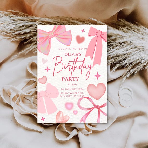 Pink Bow Birthday Invitation: Coquette Girl Party (Digital Download)