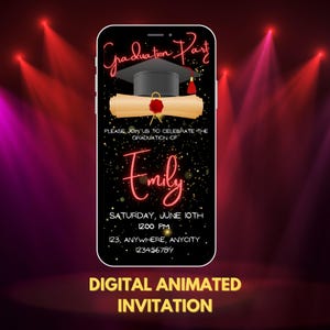 Digital Graduation Party Invitation | Animated Black & Red Class of 2025 College or High School eVite | Girl Boy DIY Template Instant E vite