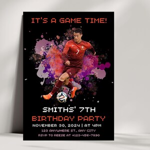 May include: A birthday party invitation with a soccer theme. It features a photo of a soccer player in a red and white jersey, dribbling a soccer ball. The text on the invitation reads "It's a Game Time!" and "Smith's 7th Birthday Party".