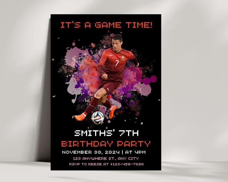 May include: A birthday party invitation with a soccer theme. It features a photo of a soccer player in a red and white jersey, dribbling a soccer ball. The text on the invitation reads "It's a Game Time!" and "Smith's 7th Birthday Party".