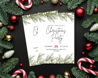 Può includere: Un invito a una festa di Natale bianco con rami di pino verdi e luci bianche. Il testo recita "Joyfully Join Us For A Christmas Party" con la data "December 25" e l'ora "7:00 PM". L'indirizzo è "123 Anywhere St., Any City, ST 12345".