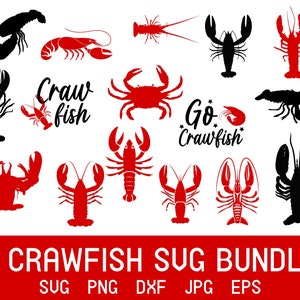 May include: A collection of 16 crawfish SVG designs in red and black. The designs include crawfish, crabs, and text that says "Crawfish" and "Go Crawfish". The bundle includes SVG, PNG, DXF, JPG, and EPS file formats.