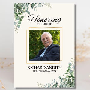 May include: A white memorial card with a green floral border. The card features a photo of a man in a suit, the text "Honoring The Life Of", and the name "Richard Andity" with the dates "Feb 12, 1980 - May 1, 2024".