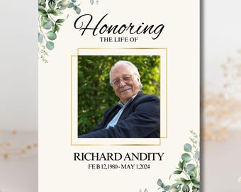 Plantilla de programa funerario Greenery: Celebración de la vida (Descarga digital, tamaño 5x7 y carta estadounidense)