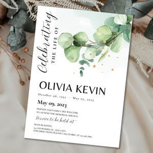Invitation funérailles célébration de la vie, modèle de carte d'invitation pour les funérailles de verdure et de fleurs sauvages, faire-part d'invitation pour les funérailles commémoratives