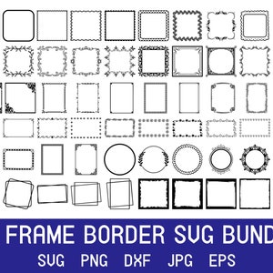 Puede incluir: Un conjunto de 60 bordes de marco en blanco y negro en varios estilos, que incluyen simples, ornamentados y geométricos. Los marcos son perfectos para agregar un toque decorativo a fotos, obras de arte u otros proyectos. La imagen incluye el texto "60 FRAME BORDER SVG BUNDLE" y los tipos de archivo "SVG, PNG, DXF, JPG, EPS".