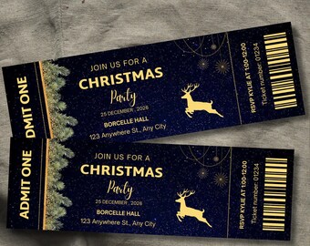 Blue & Gold Christmas Ticket Invitation Template (Digital Download)