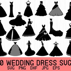 Vestido de novia Svg, padrinos de boda Svg, vestido de novia único, vestido de novia floral, archivos Svg para Cricut, silueta, Png, Svg, Eps, Dxf, Jpeg
