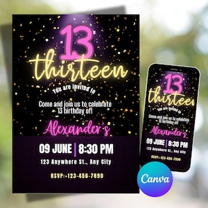 Editable Neon Birthday Invitation, Pink Birthday Invite for Teen Girl, 13th or 14th Birthday Invitation, Tween Party Template Download