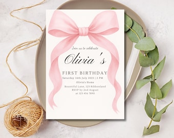 Pink Bow Birthday Invitation: Coquette Girl Party (Digital Download)