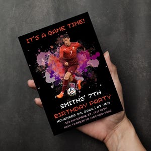 May include: A black and red birthday party invitation with a soccer player in a red and white jersey. The invitation says "It's a game time!" and "Smith's 7th Birthday Party".