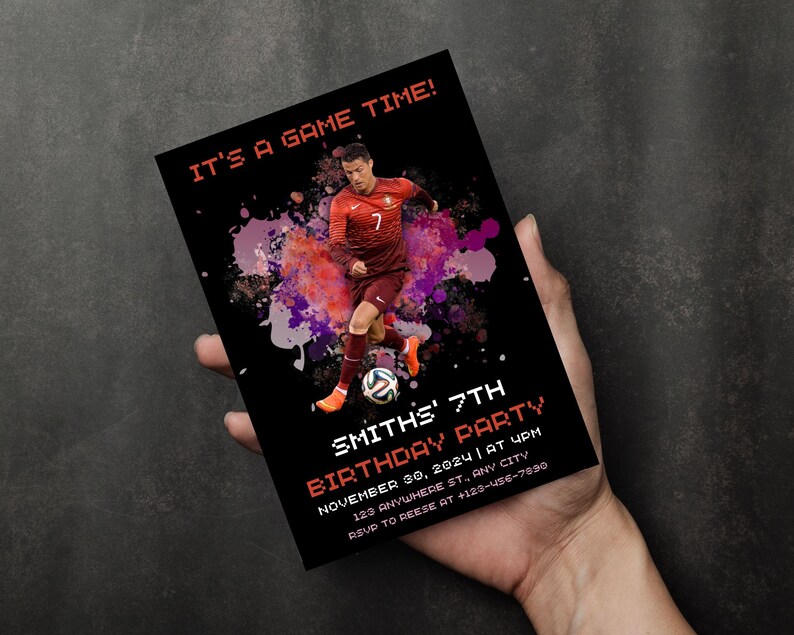 May include: A black and red birthday party invitation with a soccer player in a red and white jersey. The invitation says "It's a game time!" and "Smith's 7th Birthday Party".