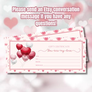 Certificado de regalo personalizado para el día de San Valentín / Tarjetas de regalo / Vale de regalo para San Valentín / Vale de regalo para enamorados / Regalos para el día de San Valentín imprimibles