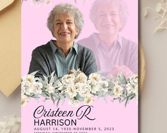 Editable Pink Rose Obituary Template: 4-Page Funeral Program (Digital Design)