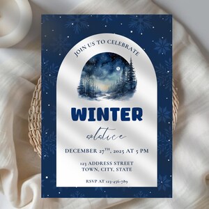 May include: A navy blue winter solstice invitation with a winter landscape illustration. The invitation includes the text "Join us to celebrate Winter Solstice" and event details. The design features snowflakes and a decorative border.