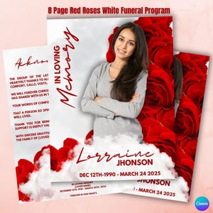 Puede incluir: Un programa de funeral de 8 páginas con fondo blanco y rosas rojas. El programa presenta una foto de una mujer con cabello largo y oscuro y un suéter gris. El texto en el programa dice "En memoria cariñosa" y "Lorraine Jhonson, 12 de diciembre de 1990 - 24 de marzo de 2025".