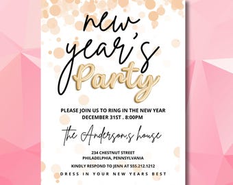 May include: A New Year's Eve party invitation with a gold glitter background. The text reads "new year's party" in black script with a gold "party" in a 3D font. The invitation includes the date, time, address, and contact information for RSVP.