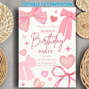 May include: Pink birthday party invitation with a watercolor design featuring bows, hearts, and stars. The text reads "You are invited to Olivia's Birthday Party at 2PM, 20 January, 2024, 123 Anywhere St., Any City, ST 12345."