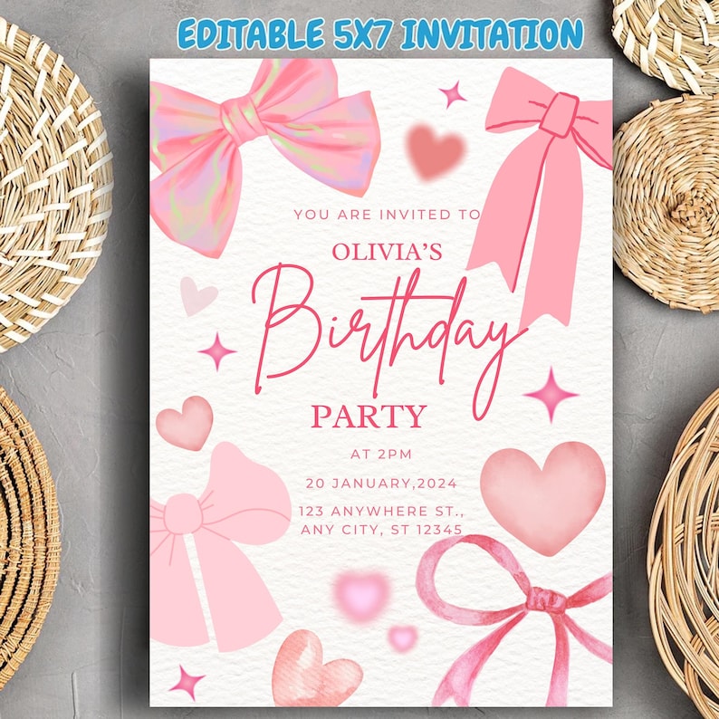 May include: Pink birthday party invitation with a watercolor design featuring bows, hearts, and stars. The text reads "You are invited to Olivia's Birthday Party at 2PM, 20 January, 2024, 123 Anywhere St., Any City, ST 12345."